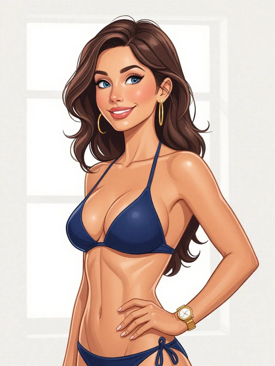 Vector art of a mature woman in a navy blue bikini. She has brown hair and blue eyes. Smiling and standing in a white room. Visible abs and narrow waist. Wearing manicured nails and a watch. Looking to the right from a side view.