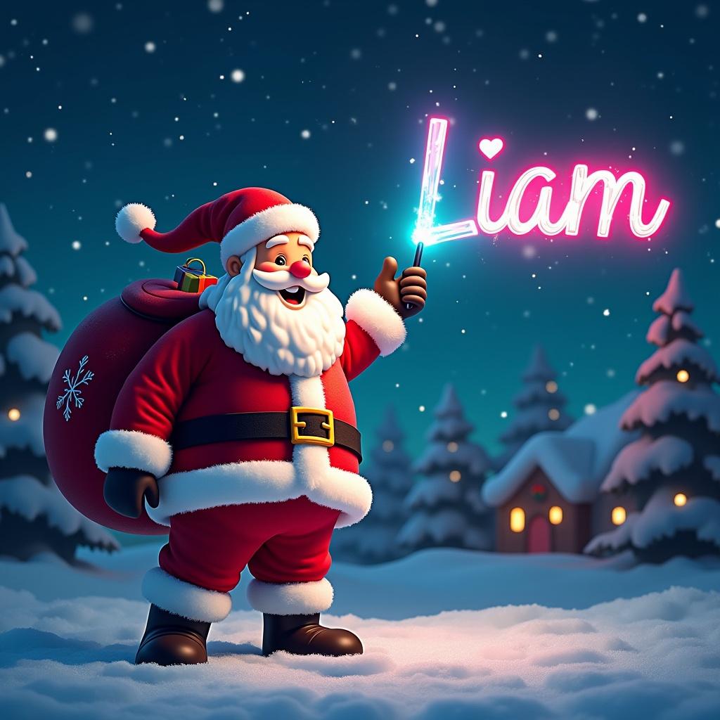 This image features a jolly Santa Claus in a snowy landscape, dressed in his classic red and white outfit. He is joyfully writing the name 'Liam' in the night sky using a colorful glow pen. The background includes twinkling stars and soft falling snow, adding to the magical Christmas atmosphere. Santa's cheerful expression brings warmth to the scene, making it perfect for holiday celebrations. The colorful name adds a personal touch, enhancing the festive spirit.