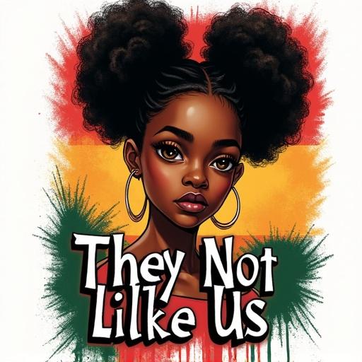Airbrush style t-shirt design. Confident young Black girl with natural afro puffs. Gold hoop earrings. Bold graffiti script with text. Vibrant Pan-African background splashes.