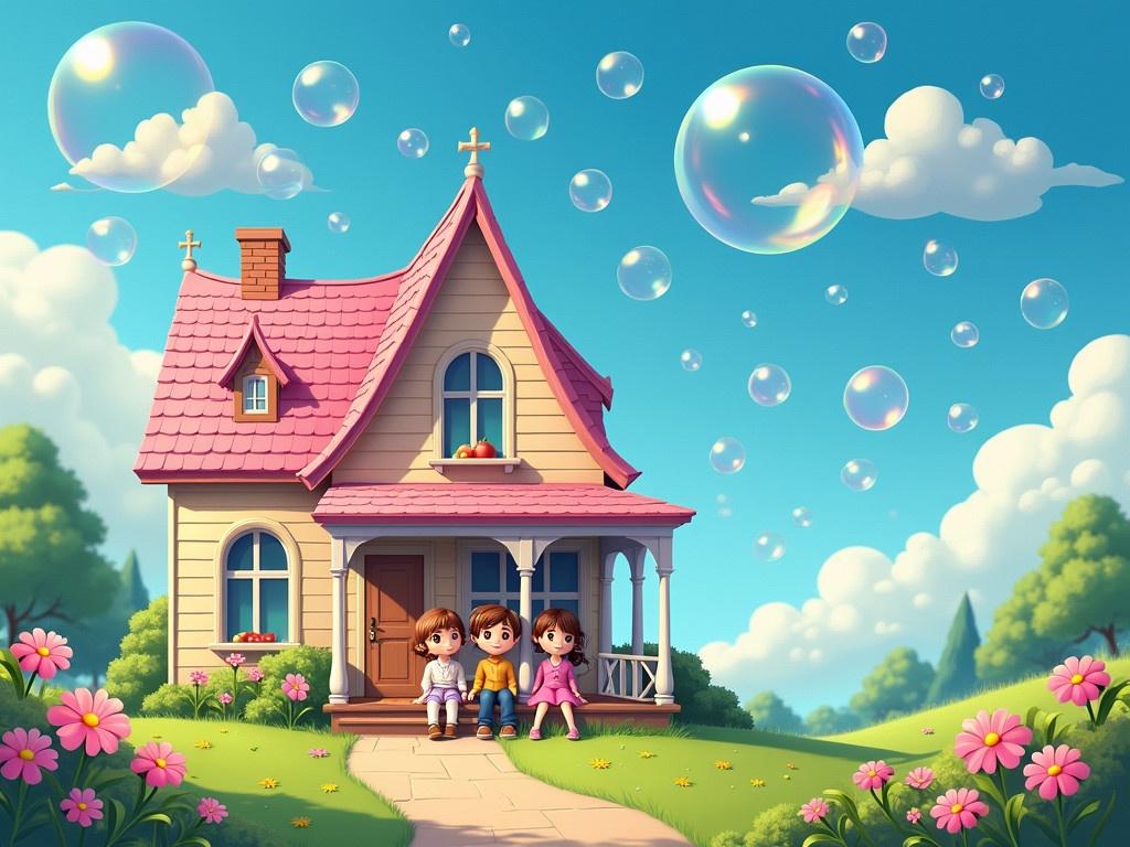 A picturesque house sits under a bright blue sky. The house has a distinctive architectural style with a pink roof and elegant windows. In front of the house, there are four children sitting on the steps, dressed in cozy clothing. Adding to the whimsical atmosphere, hundreds of beautiful bubbles are gently falling from the sky, reflecting sunlight as they descend. The vibrant greenery and colorful flowers surround the house, enhancing the cheerful scene.