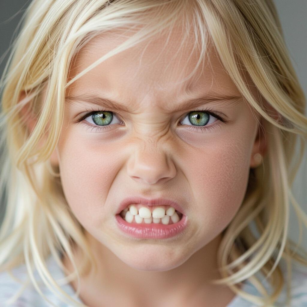 Extreme closeup of young blonde girl. Fierce expression visible. Captured with soft natural lighting. Focus on facial features. Emphasis on young energy and beauty.