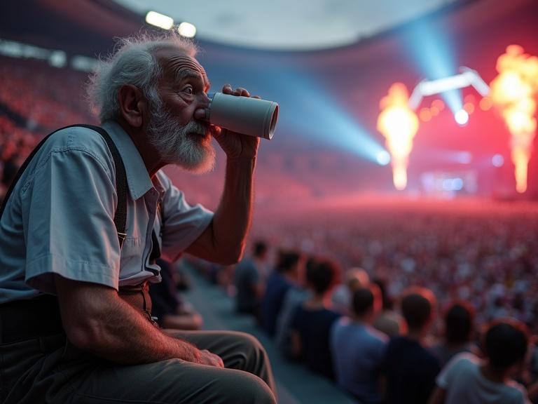 Elderly man with a short slight hunch. Large nose and balding head with tufts of white hair. Short scruffy beard. Wearing an old-fashioned button-up shirt with suspenders and high-waisted pants. Unimpressed sitting on stadium bleachers. Surrounded by energetic spectators. Holding elegant white cup. Intense concert stage with red and blue lights and pyrotechnics.