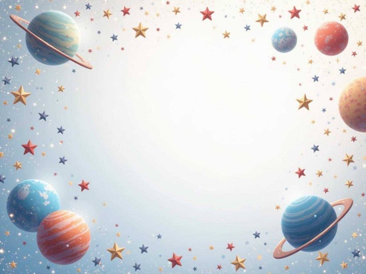 Create an image with a mostly white background featuring stars and planets scattered throughout. The stars should twinkle in various sizes, creating a whimsical atmosphere. Include different planets with colorful rings and textures, floating against the bright backdrop. The overall effect should evoke a sense of wonder and fantasy, similar to a cosmic scene. Make sure the arrangement of stars and planets feels balanced and enchanting.