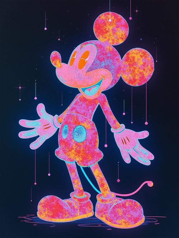 Digital illustration featuring a neon version of a famous cartoon character. Colorful blend of pink, blue, and purple hues. Character stands with open arms. Cosmic elements enhance the design.