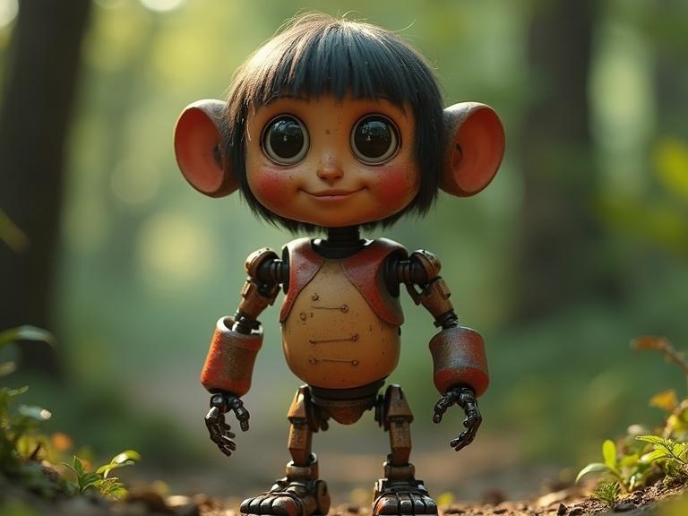 Robot character designed with child-like features in a forest setting with soft lighting. Ears and large eyes create a whimsical look. Colors are warm and inviting, suitable for young audiences.