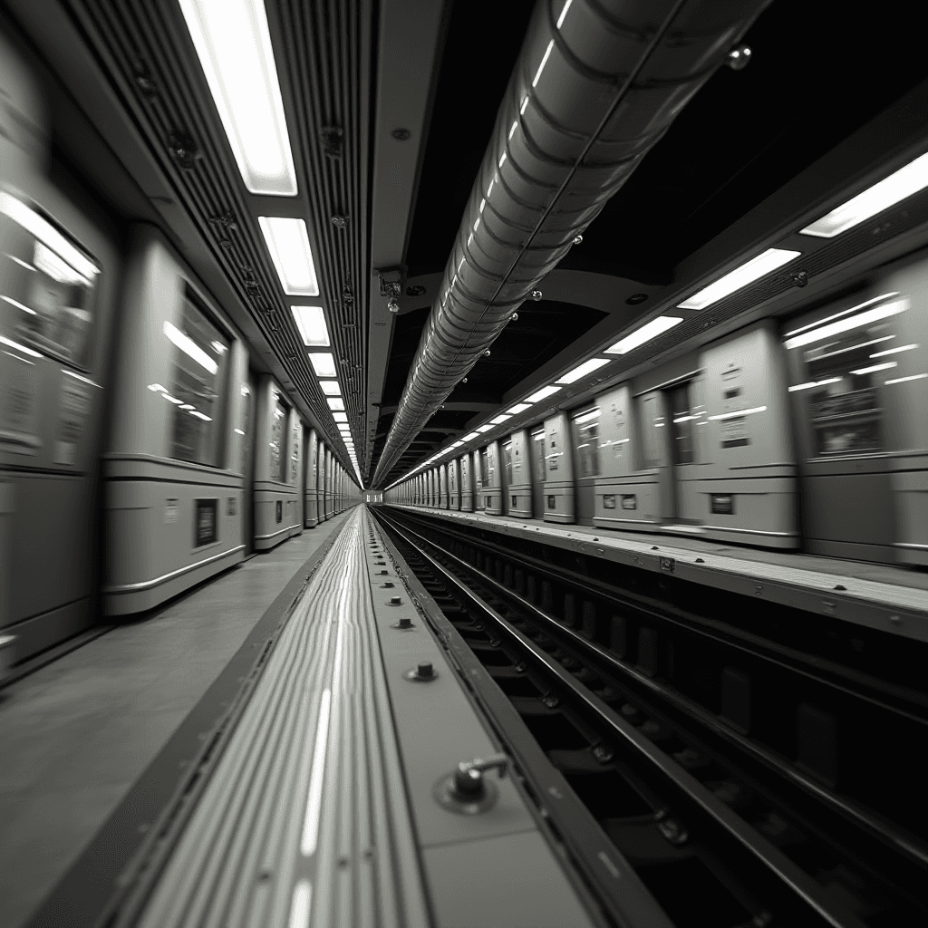 A symmetrical view of a modern, empty subway station with two parallel tracks disappearing into the distance.