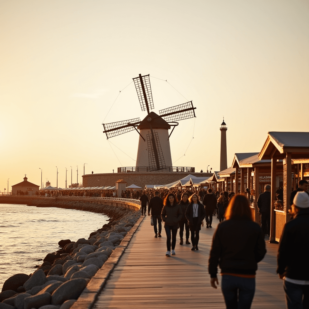 A scenic walkway by the sea featuring a windmill, lighthouse, and bustling crowds at sunset.