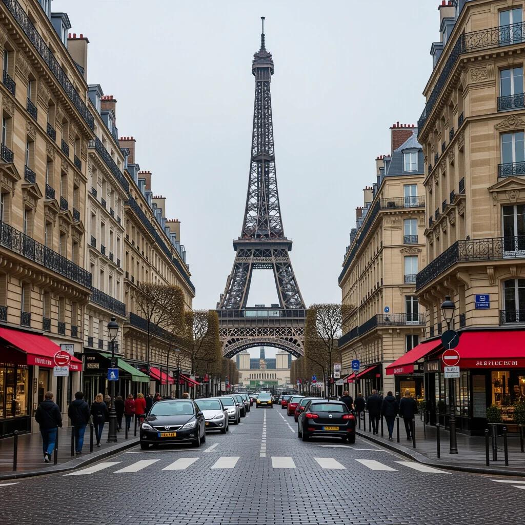 An urban scene in Paris featuring the Eiffel Tower. Street lined with buildings and shops. People walking and cars parked. Overcast sky.