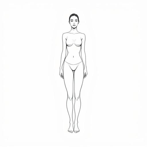 Minimalist sketch of a woman standing frontal. Figure height five feet six inches. Exaggerated proportions with bust forty-two inches, waist twenty-six inches, hips forty-four inches. Clean line art on a white background.