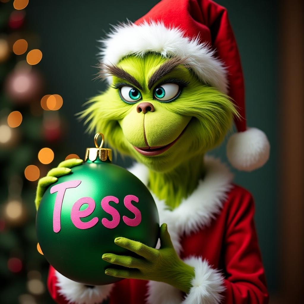 The Grinch dressed in a Santa suit. Holding a green Christmas ball decoration. Pink writing on the decoration spells Tess. A festive setting with warm lighting and holiday decorations.