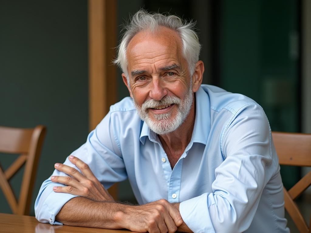 Image of a white man in his 40s wearing a light blue shirt and tailored blue pants. He sits at a table with arms crossed, exuding a friendly demeanor.