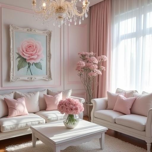 Photo of a light pink and white shabby chic living room. Cream accents included with a crystal chandelier above. Light pink roses in a vase on coffee table. Pink rose painting on the wall framed in white rococo style. Light aqua accents featured.
