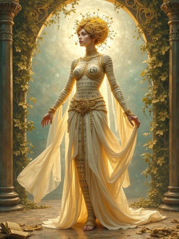 Majestic humanoid representation of Wikipedia. Flowing art nouveau style. Body of glowing parchment with multilingual text. Eyes resembling libraries glowing softly. Crown of knowledge icons. Flowing robes of interlinked text and maps. Ornate background with golden vines and swirling books. Ethereal light and decorative style of Alphonse Mucha.