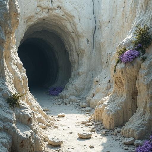Biopunk underground landscape. Fossil-white rampart composed of ivory bones. Layered and cracked ridges. Rib-shaped arch with mossy crevices. Scratch marks and ash-filled stone bowls. Narrow ledge indicates deeper descent. Hand-painted with soft volumetric fog. Dim slate-grey hues with subtle purple glints.