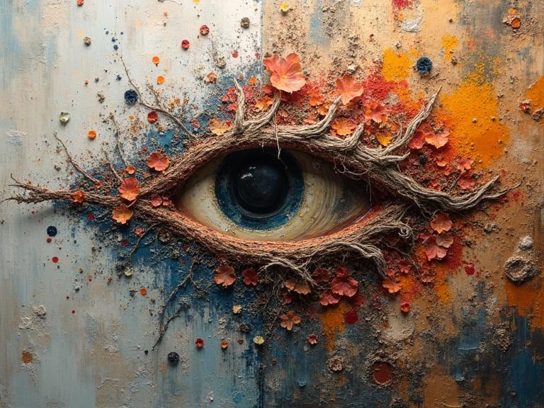 Masterpiece 3D abstract morph art featuring an eye. Oil painting with mixed media elements like newspaper and jute. Textures from wood, sand, and confetti. Luminous colors creating depth. Beautiful composition with a stunning visual appeal.