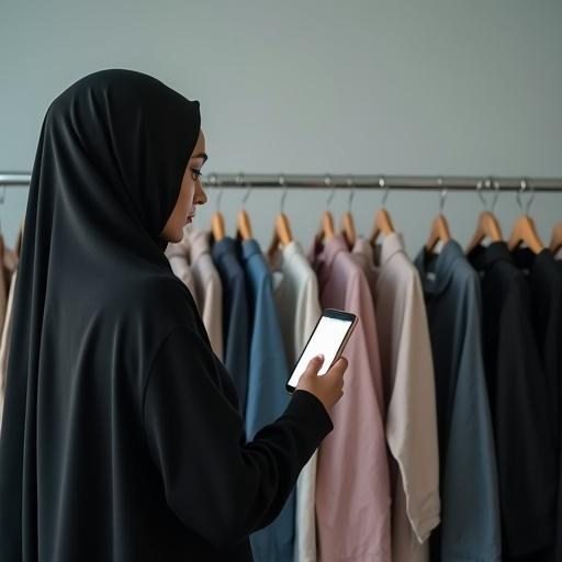 Muslim woman in modest hijab seen from behind her shoulder. She holds a smartphone, scrolling quickly. In front, a clothes rack filled with hanging garments. Clothes appear to move as she swipes. Scene combines digital and physical elements, showcasing speed and fluidity.