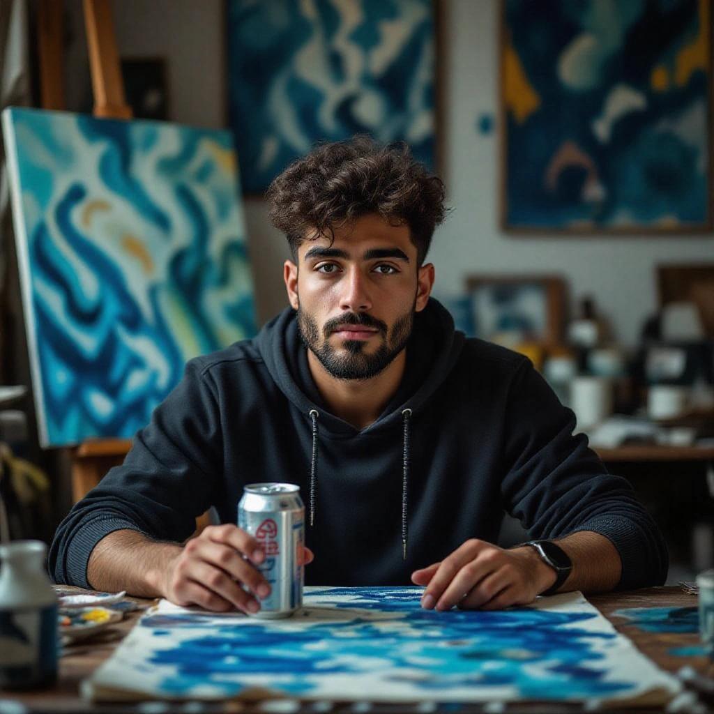 Young Egyptian male artist in cozy studio with canvas and paint around him. He is sipping a cold soda can. The composition has blue-gray film tones. The atmosphere feels creative with cold condensation. The focus deepens on his eyes and hand gestures.