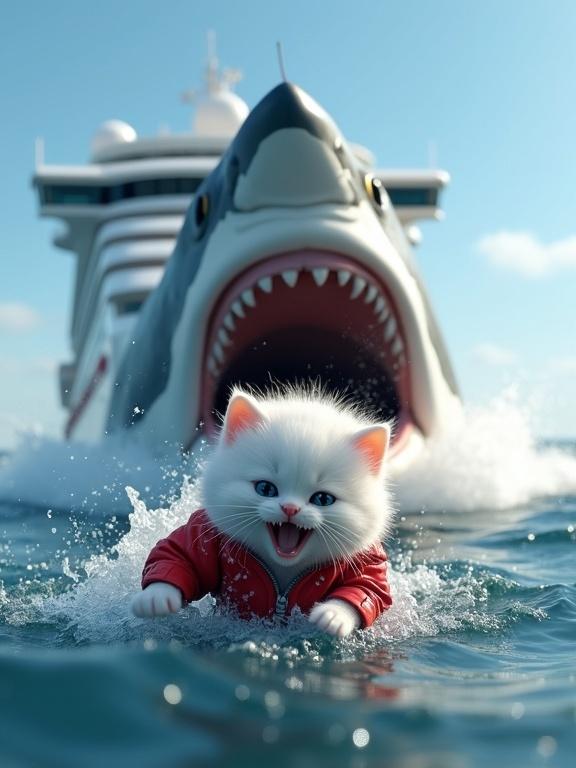 A tiny fluffy white kitten in a red jacket splashes in the ocean with a massive great white shark bursting from the water nearby. A large white cruise ship is in the background. Natural daylight creates drama with reflections on wet surfaces.
