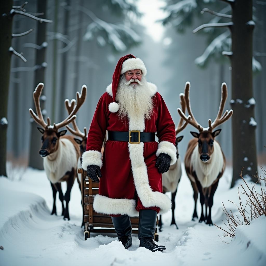 Santa Claus stands in a snowy forest with reindeer. A wooden sledge is nearby. Text in Hungarian asks if children were good.