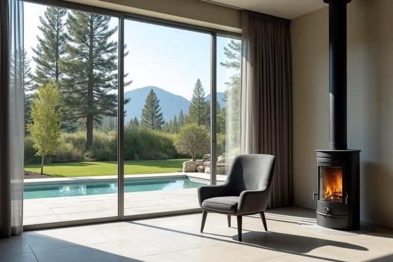 Modern interior features large windows overlooking a patio with tall pine trees and a swimming pool. Dark gray upholstered chair positioned near the windows. Cylindrical wood-burning stove is in the background. Light gray interior walls complement the exterior. Gray translucent curtains allow natural light. Overall feeling is peaceful and contemporary. Focus on exterior view and light interplay within the room. Natural daylight lighting creates soft shadows.