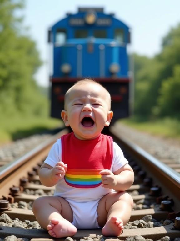 A baby is seated on train tracks. The baby is crying. The baby is wearing a white onesie and a red bib with rainbow stripes. A large blue train is visible in the background. The environment is sunny with greenery on either side. The tracks are the primary focus. The composition is straightforward with the baby in the foreground. The colors are bright. The lighting is bright and unrealistic. The atmosphere is humorous. The style is cartoonish. The perspective is above the baby. The baby is facing the viewer.