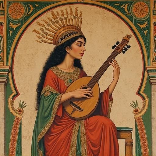 A woman in red and green robes gracefully plays an ancient musical instrument against a brown mural background. She wears an elaborate golden headdress. Surrounding patterns are in green and gold. The walls show traces of time. The composition reflects mural art's historical and cultural significance.
