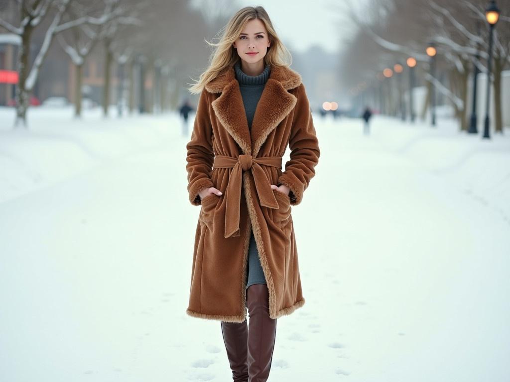 The image is colorized to bring life to the scene. The woman is wearing a longer fur coat that is tied at the waist, enhancing her silhouette. The coat features rich, warm tones that reflect the coziness of winter fashion. The background remains a snowy landscape, with soft white and muted colors that indicate a chilly day. The woman stands confidently in tall, stylish boots that complete her outfit. Overall, the colorization adds depth and vibrancy to the photograph.