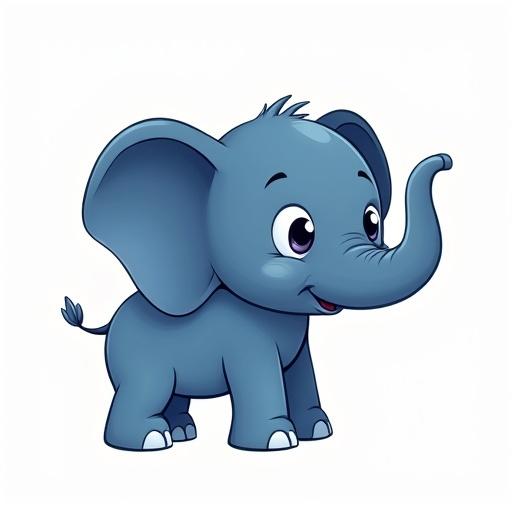 Cartoon design of a cute elephant in indigo color. Elephant is smiling and looking friendly. Bright white background enhances the character's playful nature. Designed for use in professional logos.