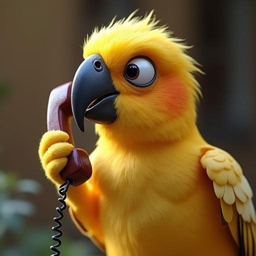 A colorful bird holding a small phone. The bird speaks into the phone about dinner plans. A close-up shot of its expression while talking.