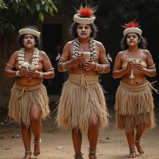 Maya dancers in sacred clothing with natural-toned skirts or loincloths. They have rope belts and handmade seed or shell necklaces. Dotted face paint is on their faces. Each dancer holds ritual objects like flowers or bowls. Their respectful posture reflects tradition.
