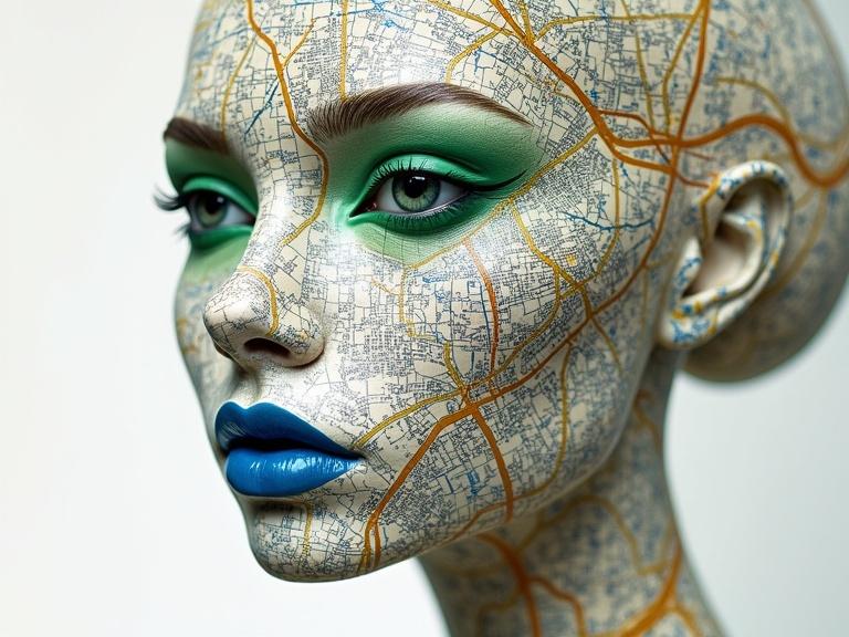 The image shows a side profile of a human face with intricate city map overlay. The map integrates into the facial features. Eyes are bright green and lips are bold blue, creating contrast. This results in an artistic blend of human form and urban elements.