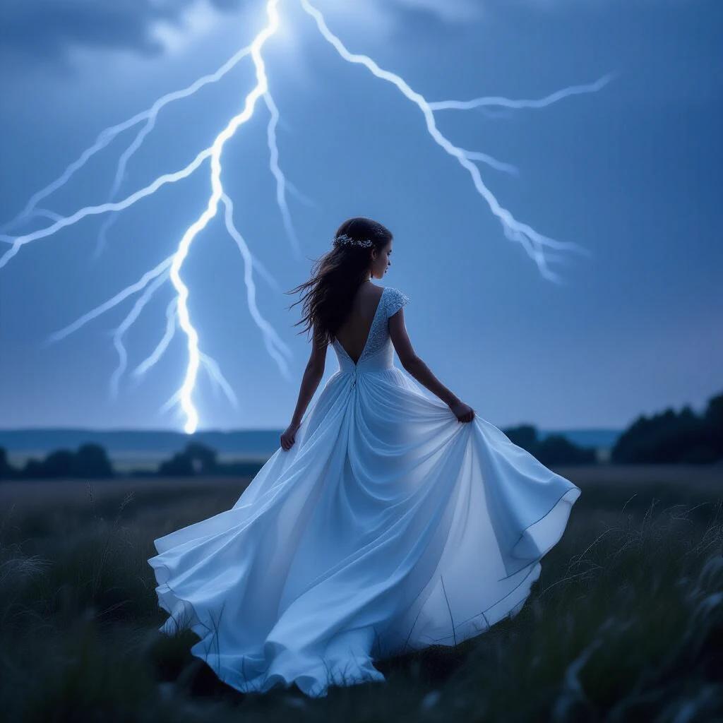 A girl with long hair wears a flowing white gown. She stands in a storm. Lightning strikes in the background. The scene shows the beauty of nature. The atmosphere feels dramatic and powerful.