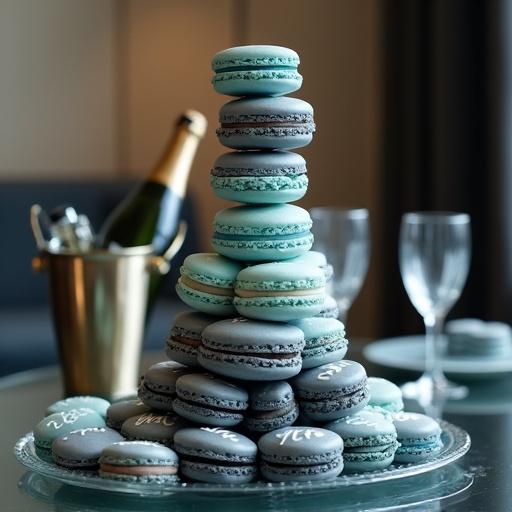 A high-resolution 4K image captures a macaron tower arranged in a gradient of light steel blue to charcoal grey. The tower sits on a modern glass table. A chilled bottle of champagne rests in an ice bucket. Two champagne flutes are placed nearby. A gift box is elegantly positioned next to the dessert spread. The soft lighting enhances the cozy atmosphere.