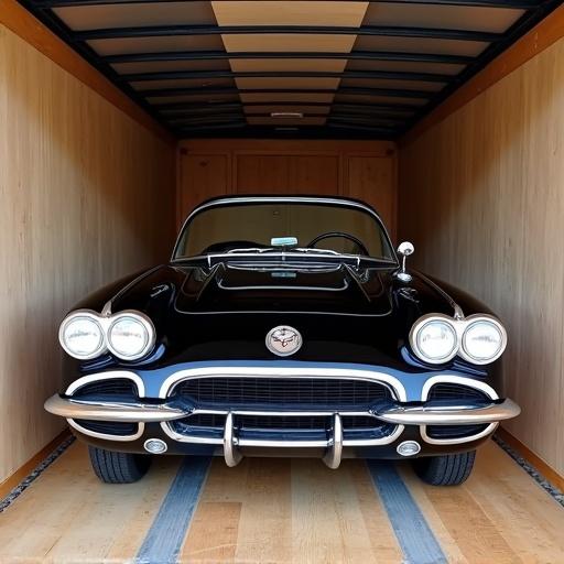1959 Chevrolet Corvette in black color positioned inside a trailer. The trailer features wooden interior walls. The car has a distinctive vintage design.