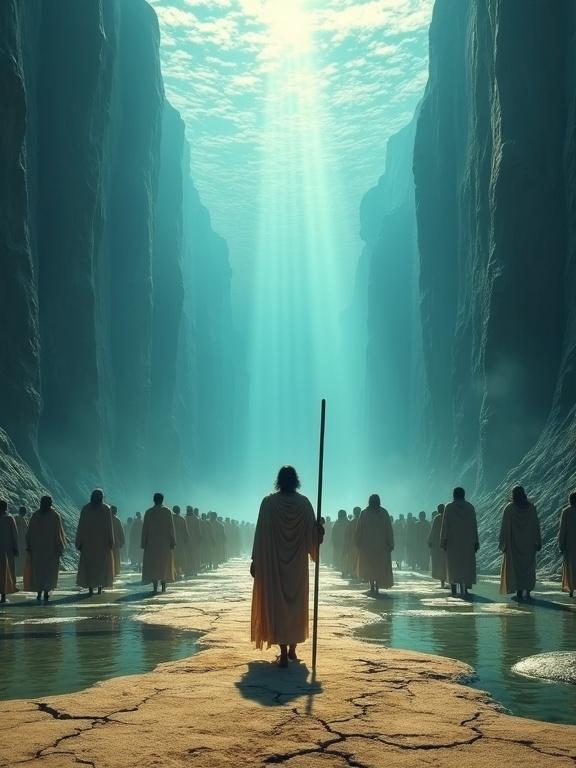 Moses stands in a parted sea holding a staff. Ancient Israelites follow him in traditional robes on dry seabed. Water walls rise like glass with sea life visible. Light filters down creating a celestial atmosphere. Dramatic epic style, high-resolution textures, cinematic color grading.