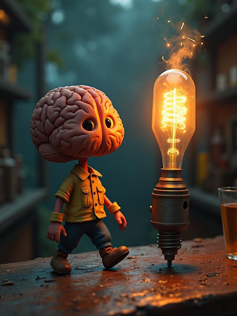 A character with a brain head stands next to a glowing light bulb. The character wears a yellow shirt and jeans. A glass of beverage is on the table. The scene is set in a cozy bar-like environment with a warm glow.