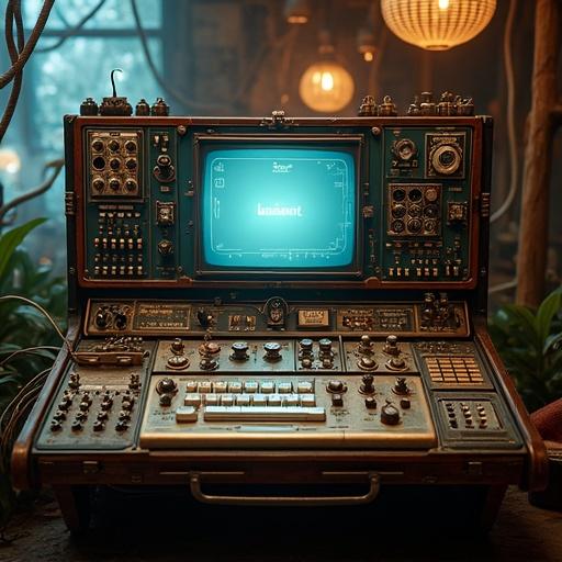 Image of a retro-futuristic computer. The computer has numerous buttons and consoles. The design features a steampunk aesthetic. The background is not visible.