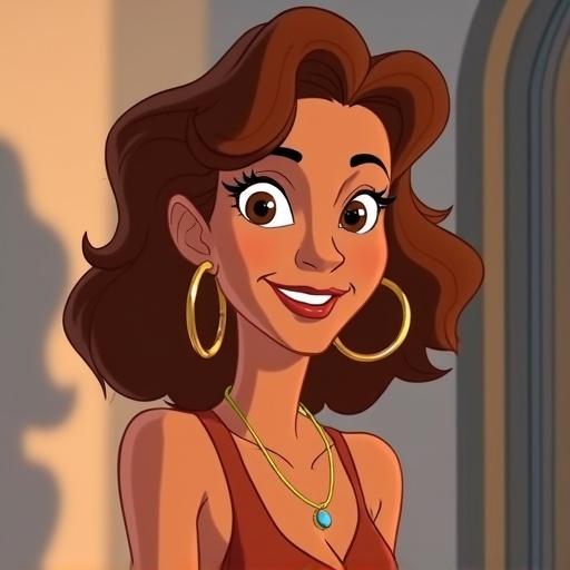 Character inspired by classic beauty in a cartoon style. Appears cheerful and inviting with a trendy Y2K fashion. Emphasizes vibrant animation style with a focus on bright colors. Background suggests a lively setting.