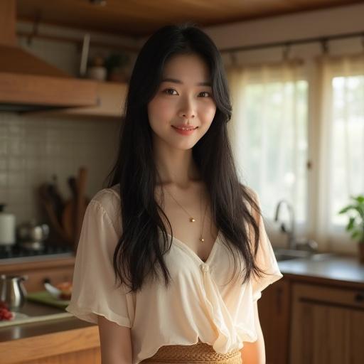 Beautiful Japanese woman with long black hair wearing a semi-sheer blouse and modest skirt. Standing in a cozy kitchen with warm lighting. Smiling softly. Full body view.
