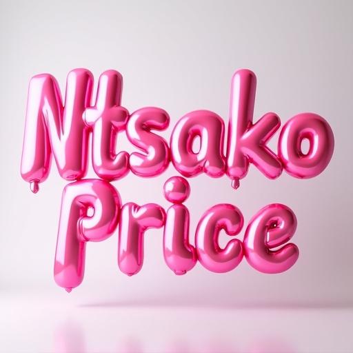 3D balloon letters spell Ntsako Price. Pink letters with glossy texture. Transparent background. Reflective appearance similar to plastic.