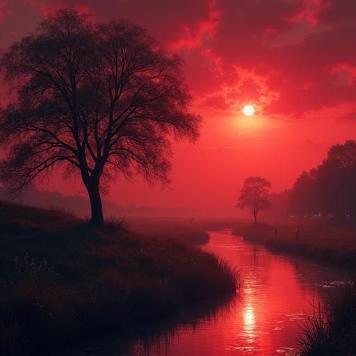 Ethereal red night sky with a grassy area featuring a tree beside a lovely river showcasing reflections. In the distance, glowing fireflies and the moon create a stellar movie-like scene with halation.