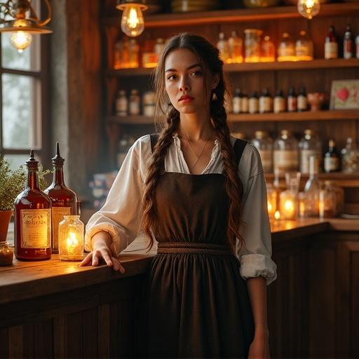 Female clerk in medieval clothing. Modern apron worn over dress. Long braided hair. Standing at counter in fantasy store. Shelves filled with magical potions and snacks. Warm lighting from candles and lanterns. Cozy atmosphere. Photorealistic style.
