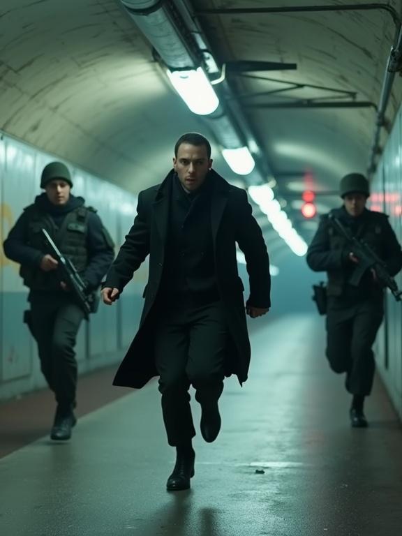 Cinematic scene depicting a modern-day chase. Assassin depicted as unarmed individual escaping from soldiers. Underground tunnel setting in Moscow. Tension-filled atmosphere with a sense of urgency.