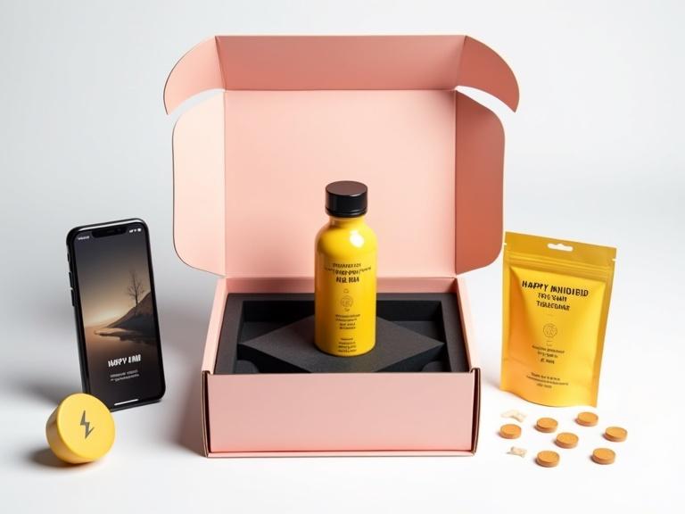 Ultra-realistic product mockup of a wellness starter kit called Happy Mind. Open pink box with smooth matte texture. Center yellow bottle with black cap. Smartphone and frother on the left. Resealable pouch with a holographic finish on the right. Artfully arranged elements with soft lighting.