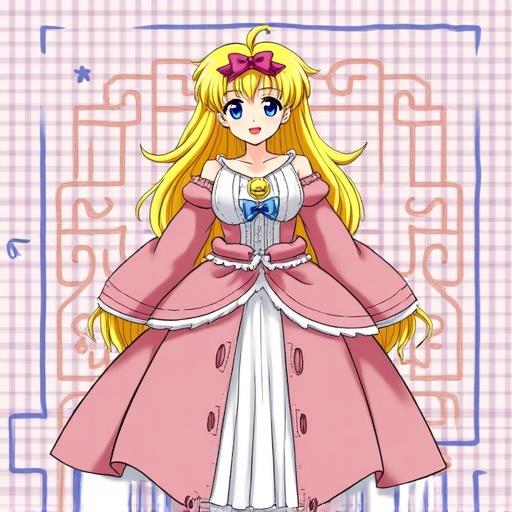 Character from the anime series, cute girl with long blonde hair, wearing a vibrant dress with ribbons, set against a pastel background.