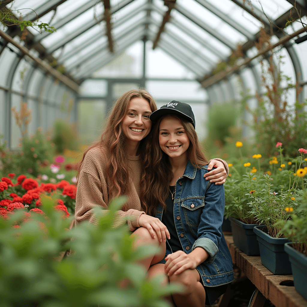 Two friends posing happily amidst vibrant flowers in a greenhouse.