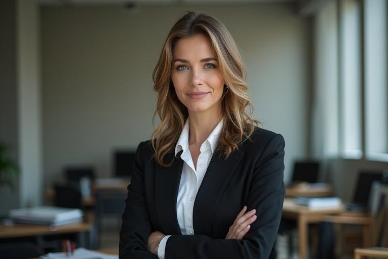 A female professional is standing confidently in an office. The woman wears a formal black suit and white blouse. She has her arms crossed and presents a strong presence. The background features an office environment with desks and chairs.