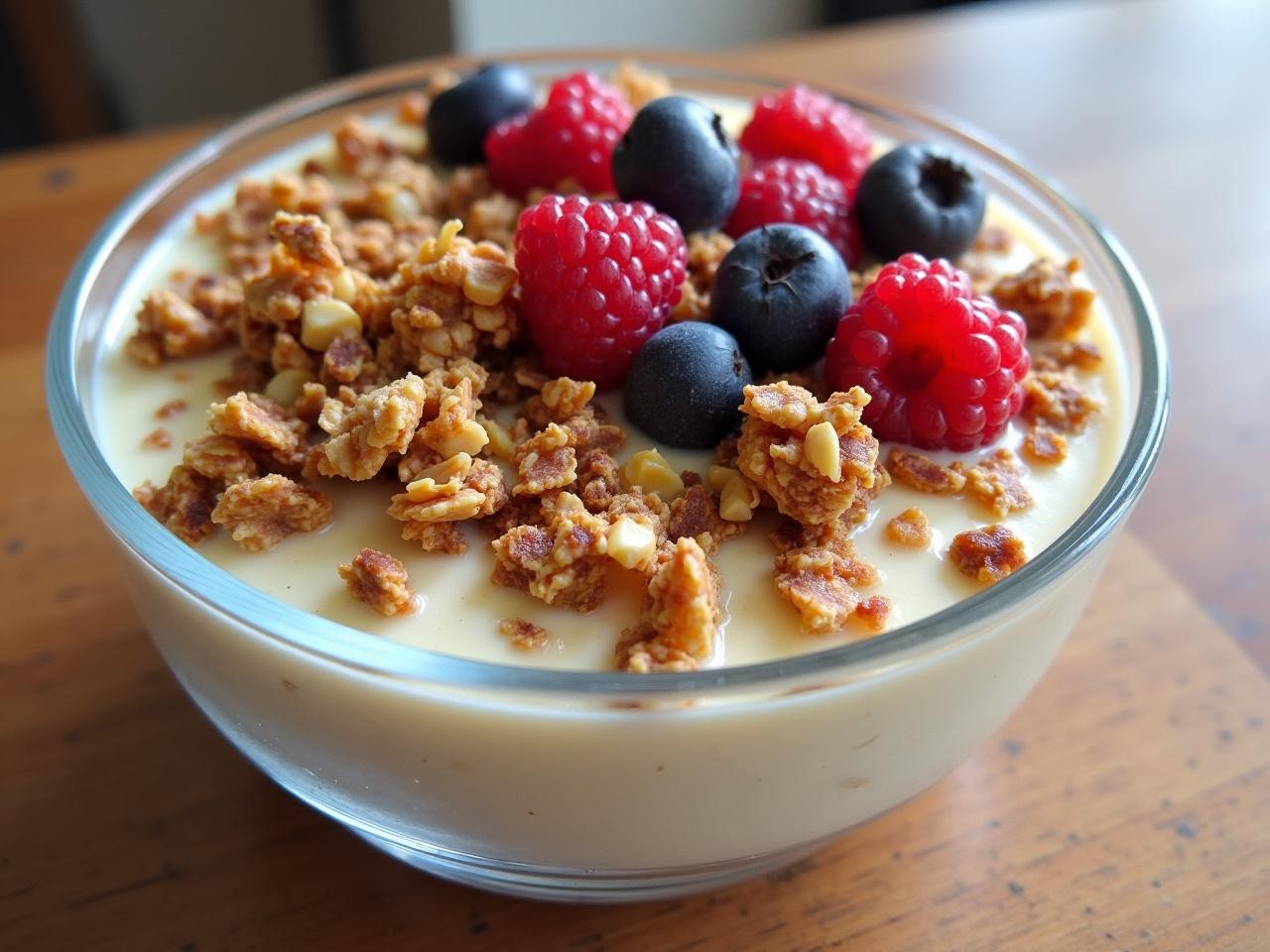 This image showcases a delicious serving of granola with yogurt, honey, and a vibrant mix of berries, including raspberries and blueberries. The dessert is served in a large, transparent bowl, allowing the colorful layers of ingredients to be clearly seen. The granola is crunchy and golden, adding texture to the creamy yogurt base. The bright reds and blues of the berries create an inviting and appetizing look. This combination not only offers great flavor but is also visually appealing, making it perfect for a health-conscious breakfast or snack.