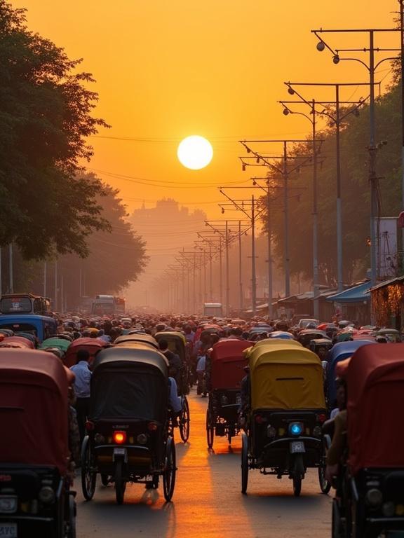 Golden-orange sky at sunset over a busy street market in Bangladesh. Many colorful rickshaws crowd the street. Street food stalls are visible. Warm light creates a vibrant atmosphere. Rickshaws are lined up on the road.