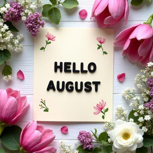 A rectangular piece of cream paper is centered on a vibrant white surface. Black block letters spell 'HELLO AUGUST'. The card is decorated with delicate floral illustrations. Real flowers frame the card, including pink magnolia and white anemone. Smaller flowers and green leaves enhance the design. Bright lighting provides clarity and vibrance.